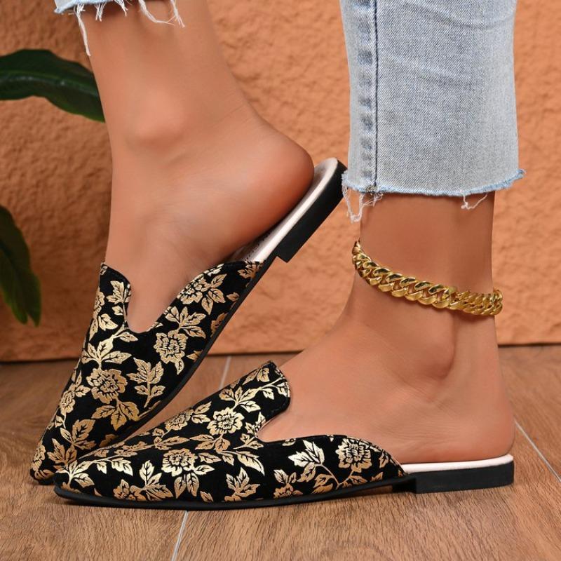 Women Plus Size Old Money Style Black Gold Pointed Toe Flat Slingback Mules Autumn