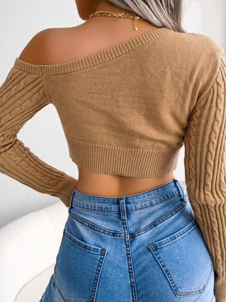 Green Sweater Long Sleeve Pullovers Off Shoulder Cropped Sweaters Jumpers Women Streetwear Solid Slim Purple Knitted Sweater