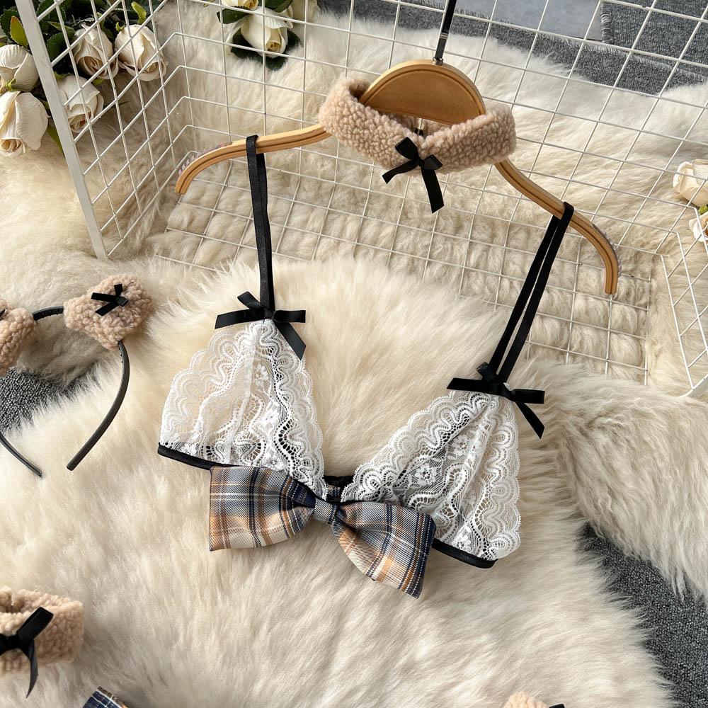 Sexy Plaid Japan Style Erotic Sets Women Pleated Short Skirt + Bow Strapless Lace Camis Female Sweet JK Uniform Lingerie Suits 2024