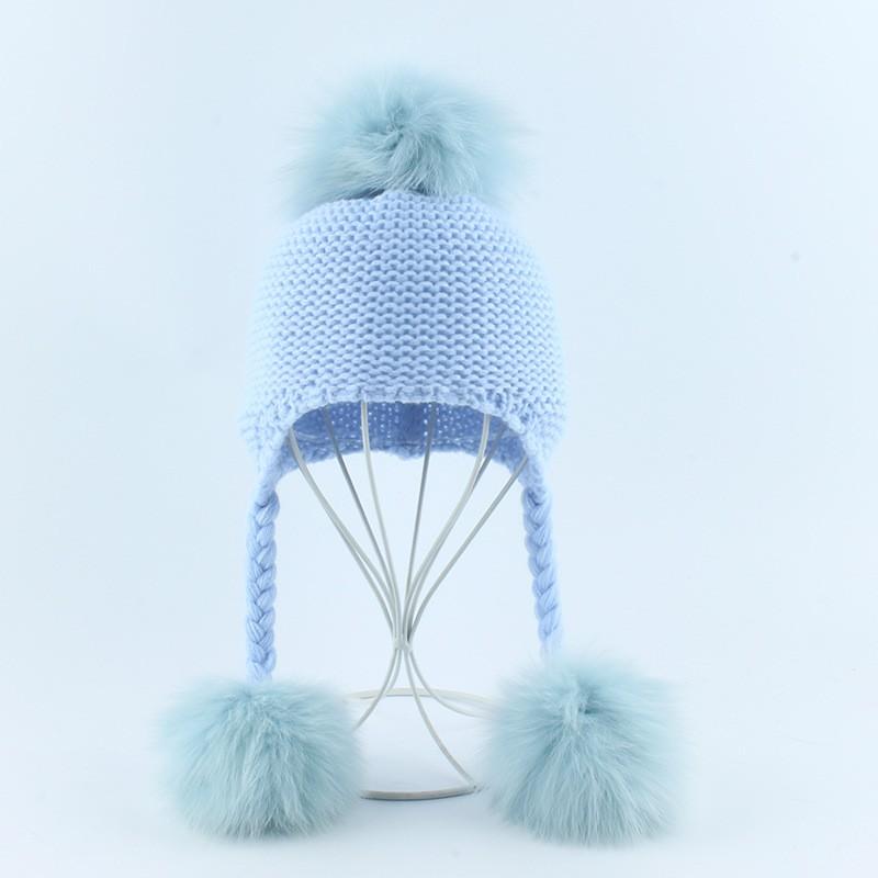 Kids Knitted Ear Warm Hat With Fox Fur Pom Poms Three-Color Braided Design Winter Cap
