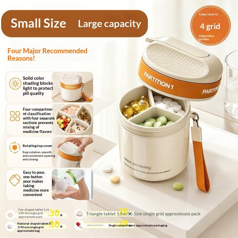4Grids Rotating Partition Portable Pill Box With Lanyard,Large Capacity Privacy Case For Outdoor Business Trip Daily Supplement