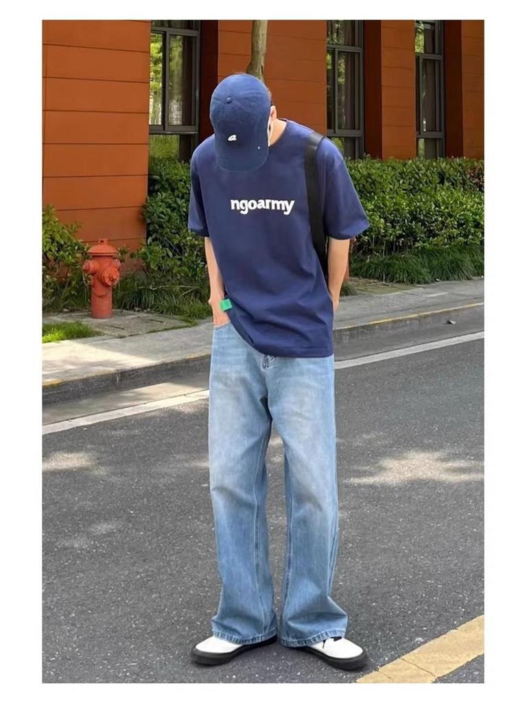 Men's Loose Straight-Leg Distressed Jeans - Floor-Length, Wide-Leg, Casual Trend