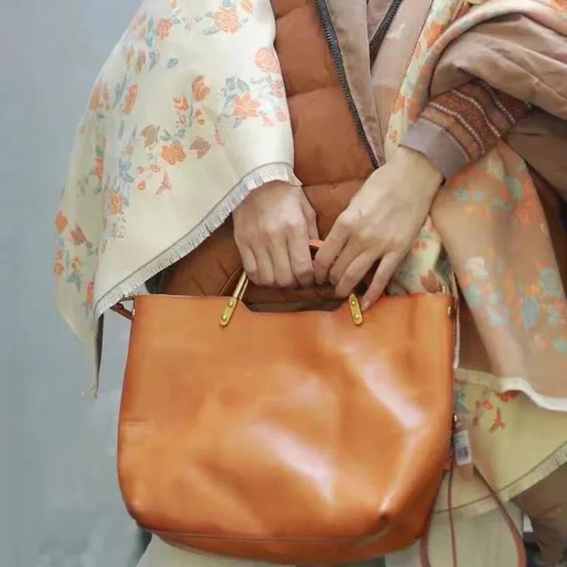 Luxury Soft Leather Women's Handbag Metal Handle Retro Large Capacity Crossbody Bag Simple Commuter Briefcase