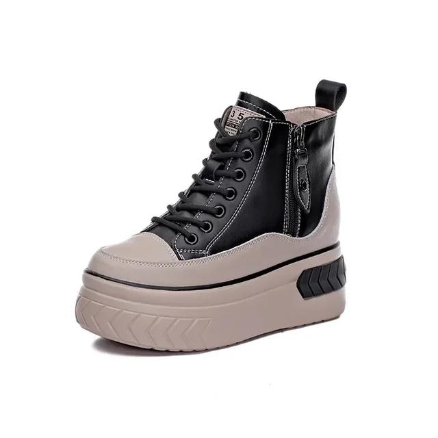 

Fashion Women Shoes leather 8cm Platform Boots Wedge Hidden Heel Zip Spring Autumn Warm Fur Winter Shoes Sneakers 2025 40 чёрный