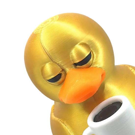 3D Printed Coffee Duck Collectible Figurine, Detailed Gold Duck Holding Coffee Cup Desk Decor for Colleagues And Friends