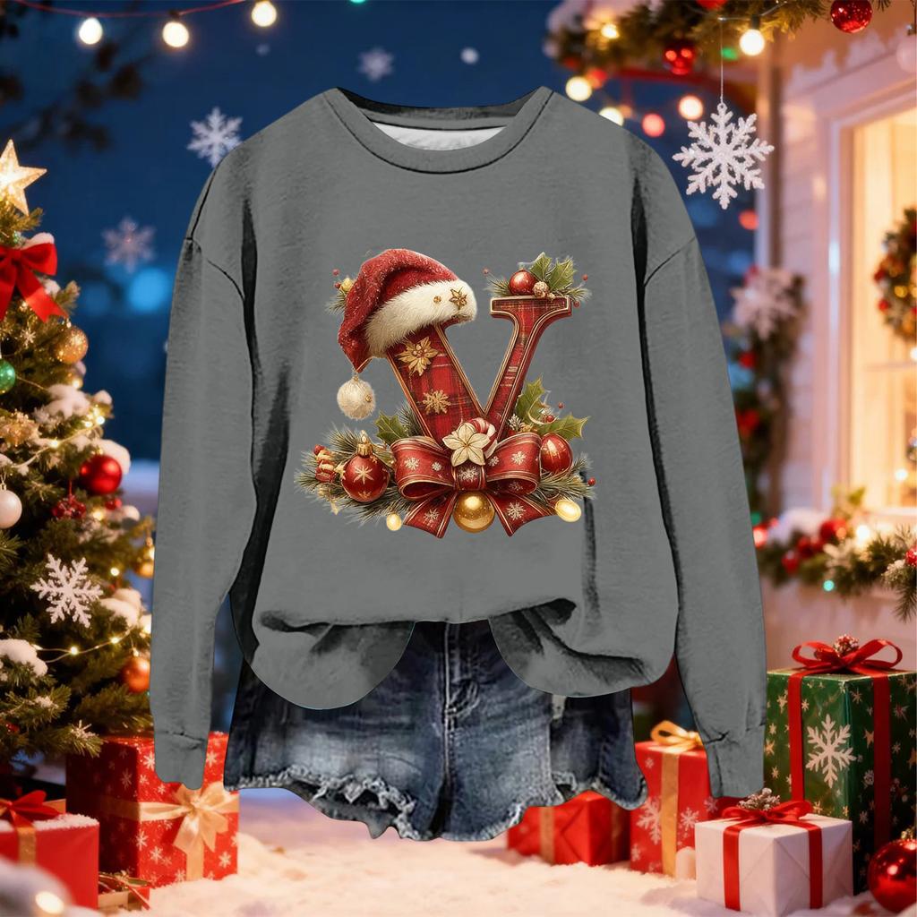 Women's Fashionable Casual Long-Sleeved Christmas Letter Print Crew-Neck Sweatshirt