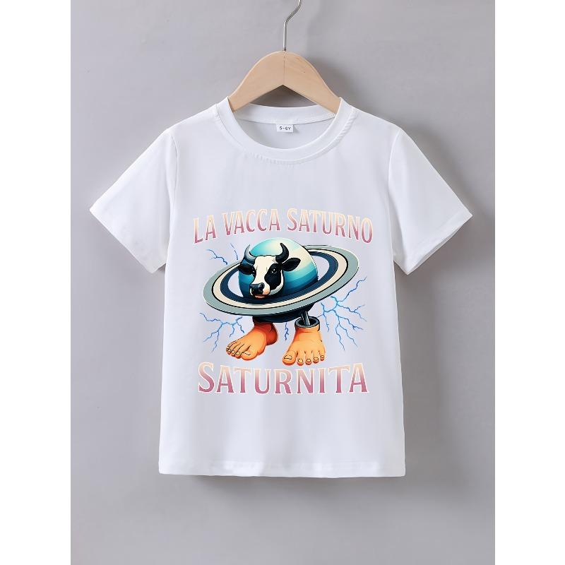 Kids Crewneck Short Sleeve Summer T-Shirt, Daisuke Anime Cute Cow Saturn Manga Print 110 белый