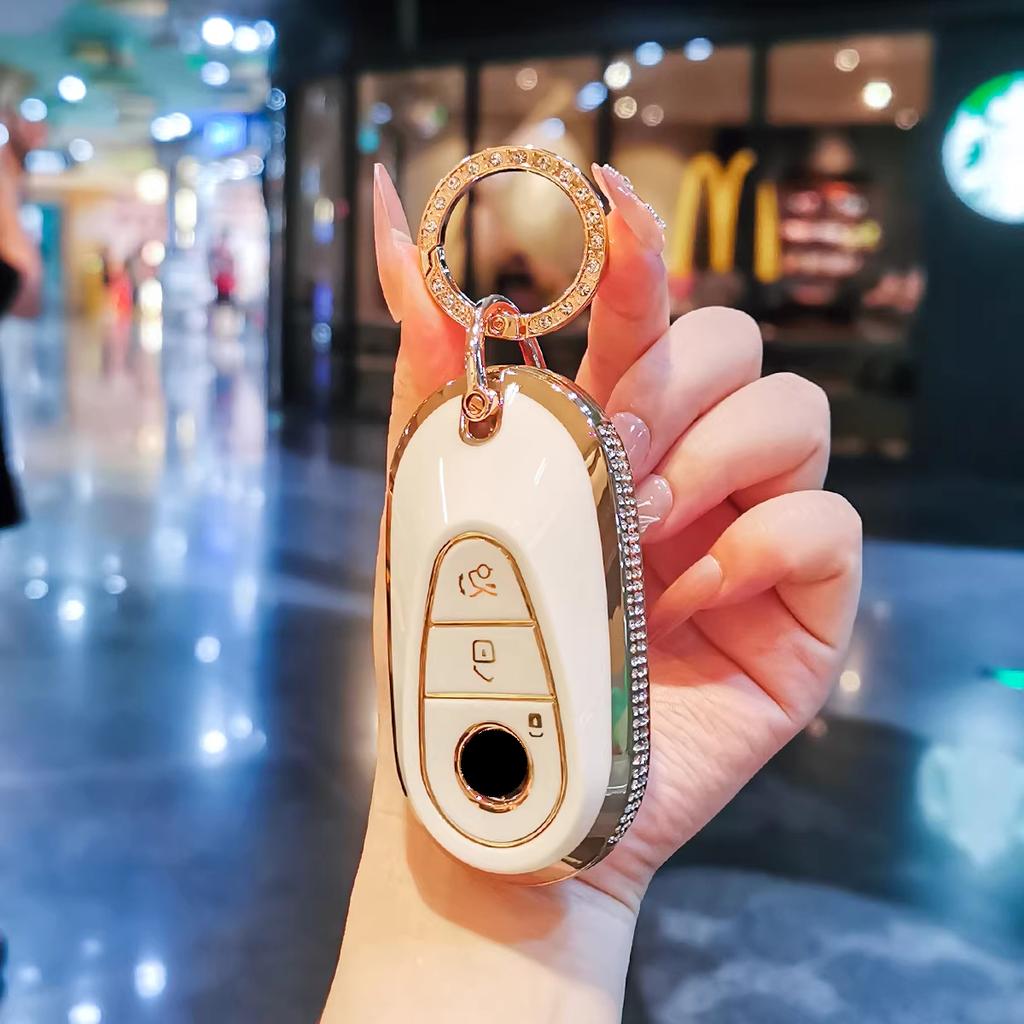 For Mercedes Benz Key Fob Cover, Bling Gold/Silver White Tpu Key Case With Keychain, Car Key Protector For C/E/S Class, Glc/Gle