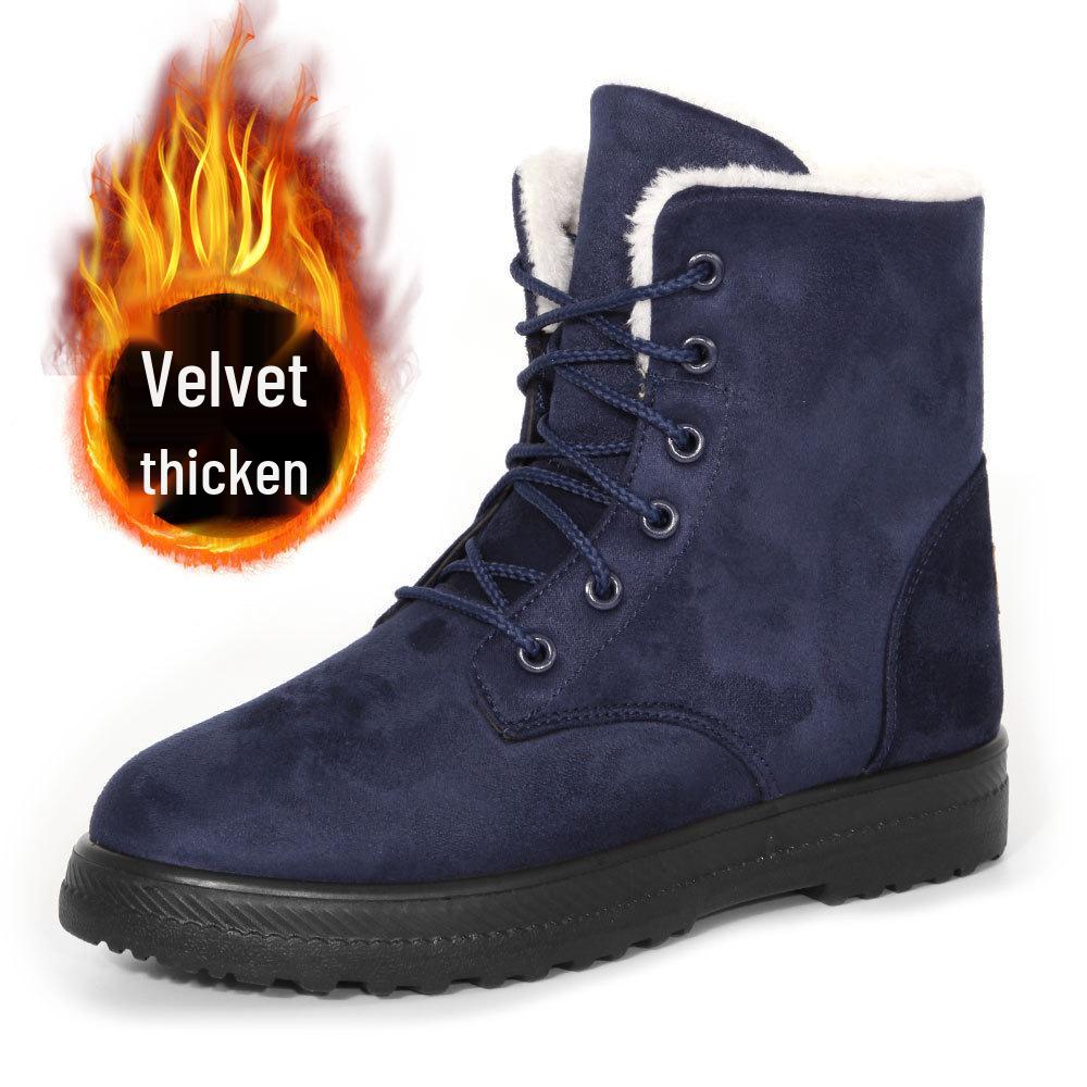 Korean Style High-top Snow Boots for Men and Women, Plus Size, with Velvet Lining and Front Lace-up.