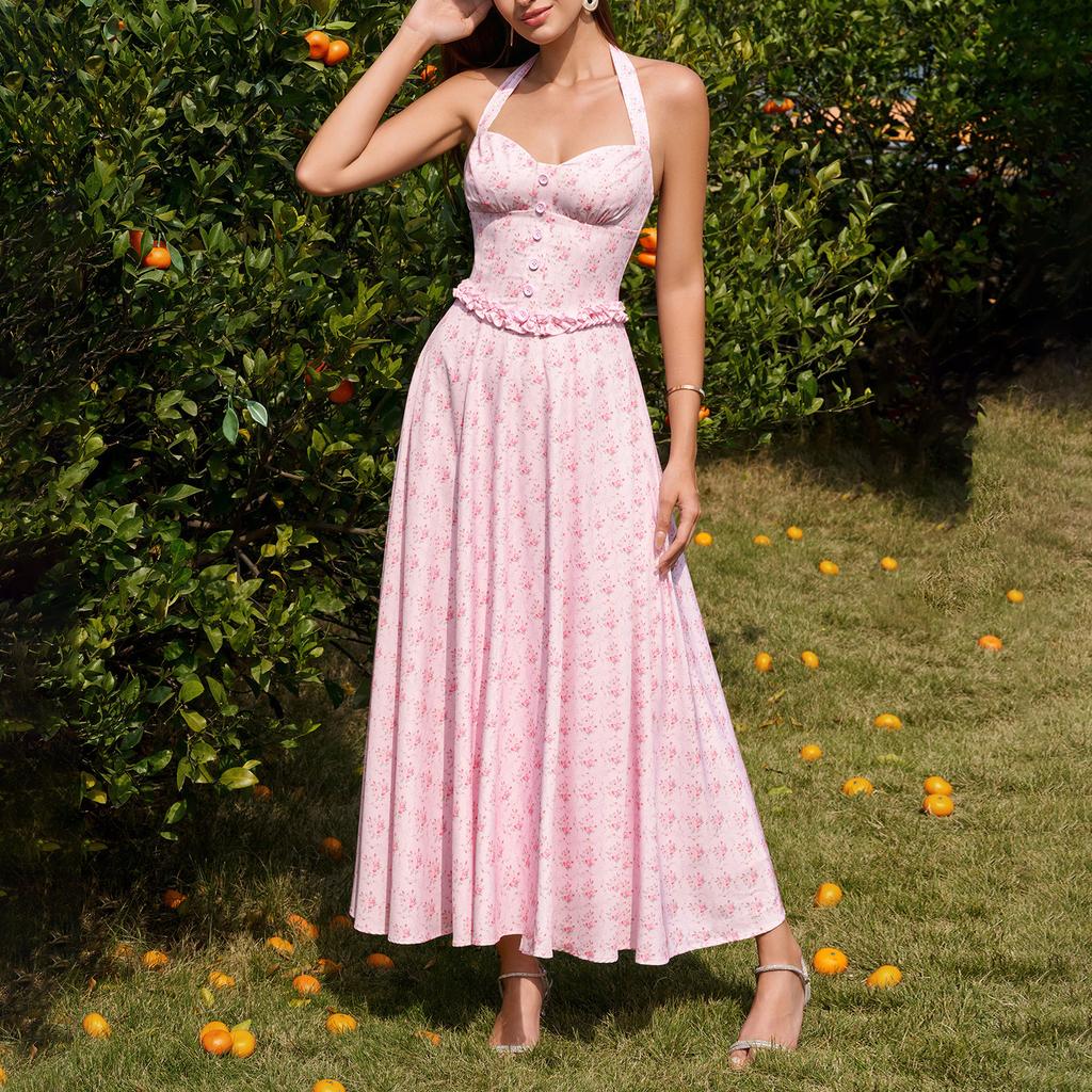 New four-sided elastic neck strap dress, sexy backless dress, waist and thin fungus edge dress