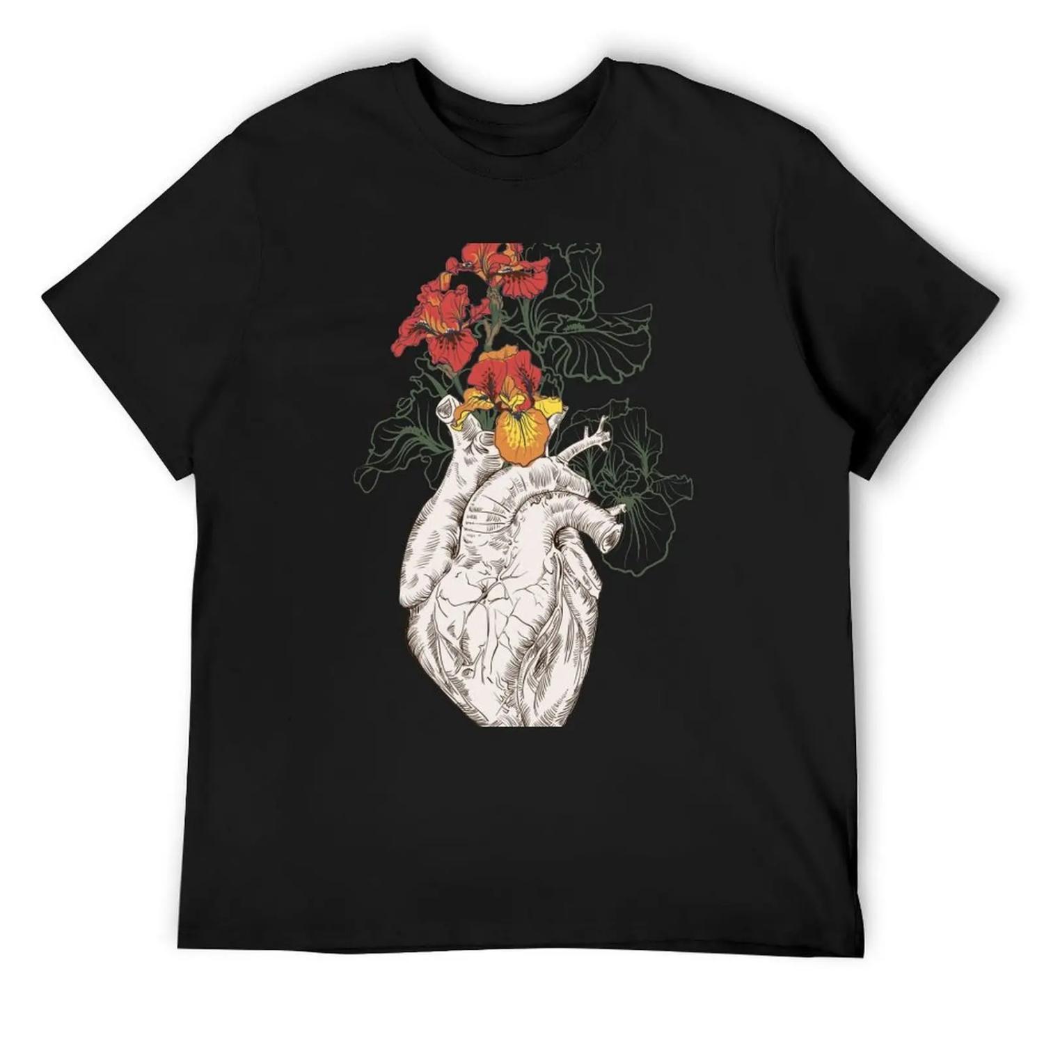 drawing Human heart with flowers T-Shirt T-shirts oversize valentines clothes anime stuff clothes funny t shirts for men S