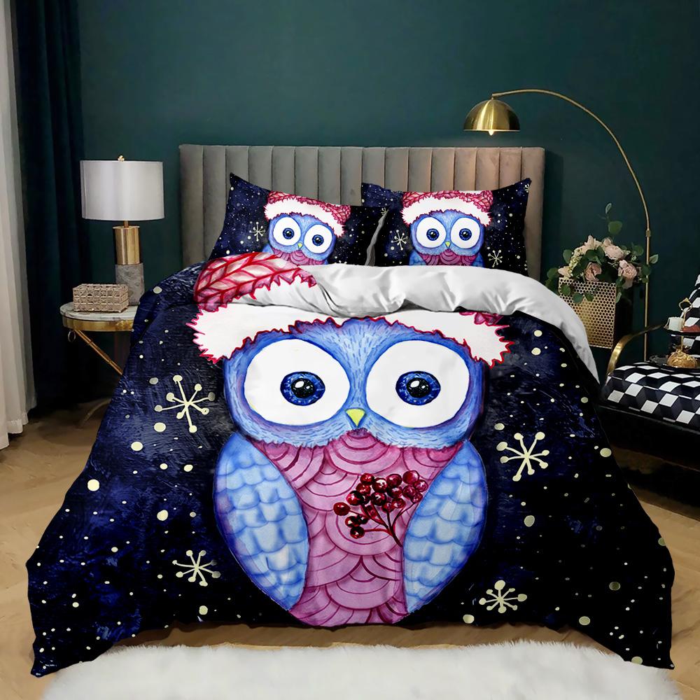 Eulen Bettwäsche Set King Size Niedliche Eule und Sterne Dekor Bettbezug Weltall Bettbezug Kinder Jungen Mädchen Polyester Steppdeckenbezug