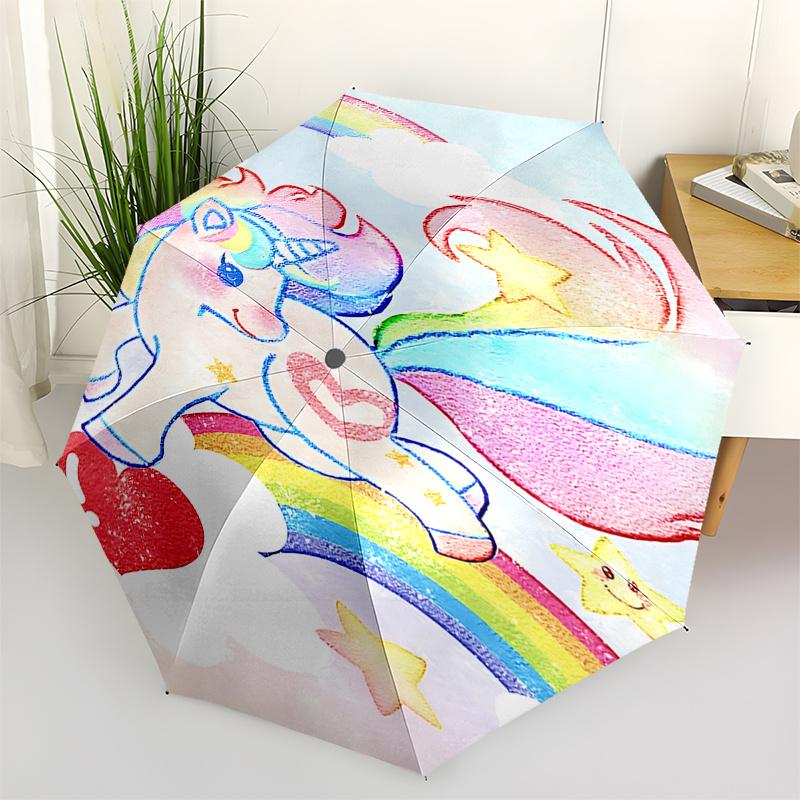 Regenbogen-Einhorn Automatisches Öffnungs-/Schließschirm mit Herz-Design Tragbar 3-fach faltbar, 8-Rippen Eisenrahmen Outdoor-Schirm für Fans,