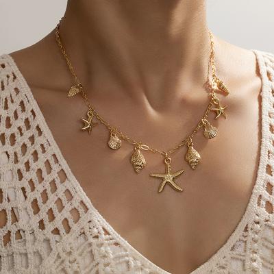 1 Piece of Women's Fashionable Pendant Necklace with Ocean Style, Shell, Starfish, Multiple Pendants, Tassel Necklace
