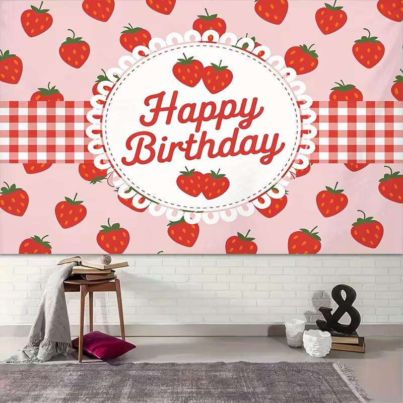 2D Flat Red Gingham Strawberry Birthday Backdrop Photography Background