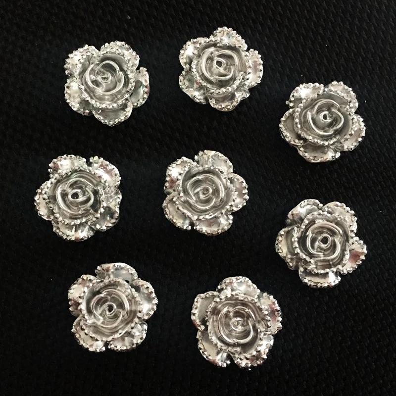 40 STÜCKE 14mm Silber Blume Rose Harz Strass Flatback Cabochon Stein DIY Handy/Schmuck Scrapbooking Zubehör HA353