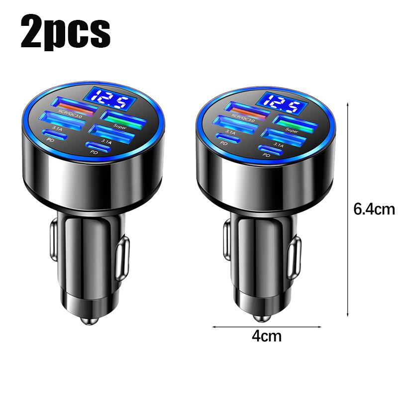 Car USB Charger 6 In 1 Digital Display Charger 4USB+2PD Multi-Port Fast Charging Cars Charger for DC12-24V Car Power Socket