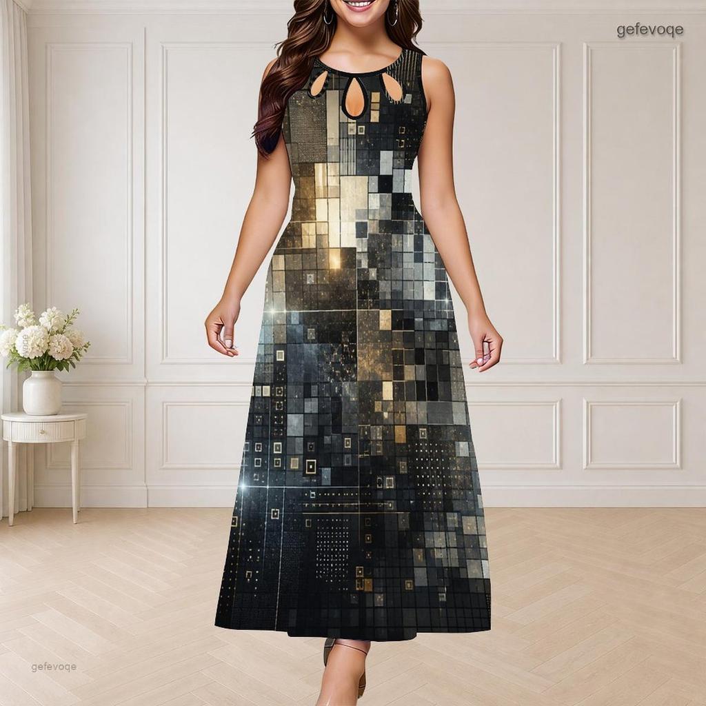 Women Plus Size Round Neck Triple Keyhole Cutout Sleeveless Printed Long Dress