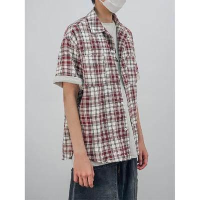 Sommer Neues Farbblockiertes Kariertes Revershemd Japanisches Retro Taschen Dekoration Kurzarmhemd