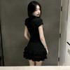 Black POLO neck short-sleeved dress for women's summer new academic style slim-fitting, light and elegant, thin cake skirt