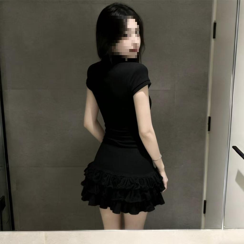 Black POLO neck short-sleeved dress for women's summer new academic style slim-fitting, light and elegant, thin cake skirt