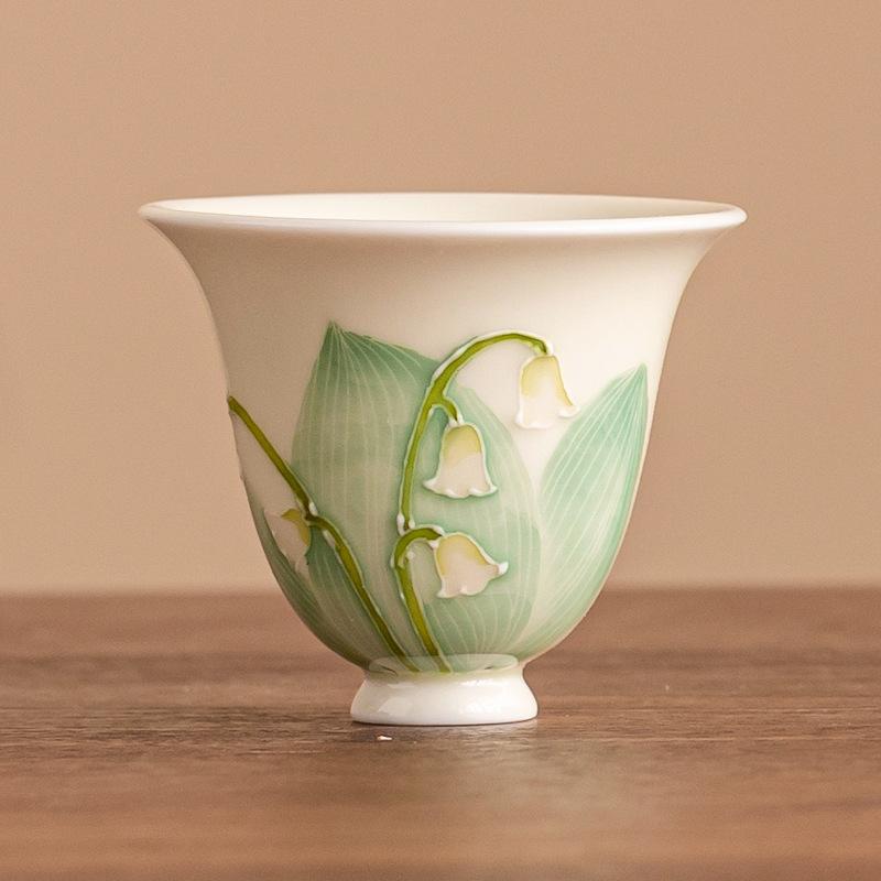 Hand Painted Lily of the Valley Ceramic Tea Cup Personal Master Cup Gongfu Tea Set for Tea Ceremony Home Use Aesthetic Gift