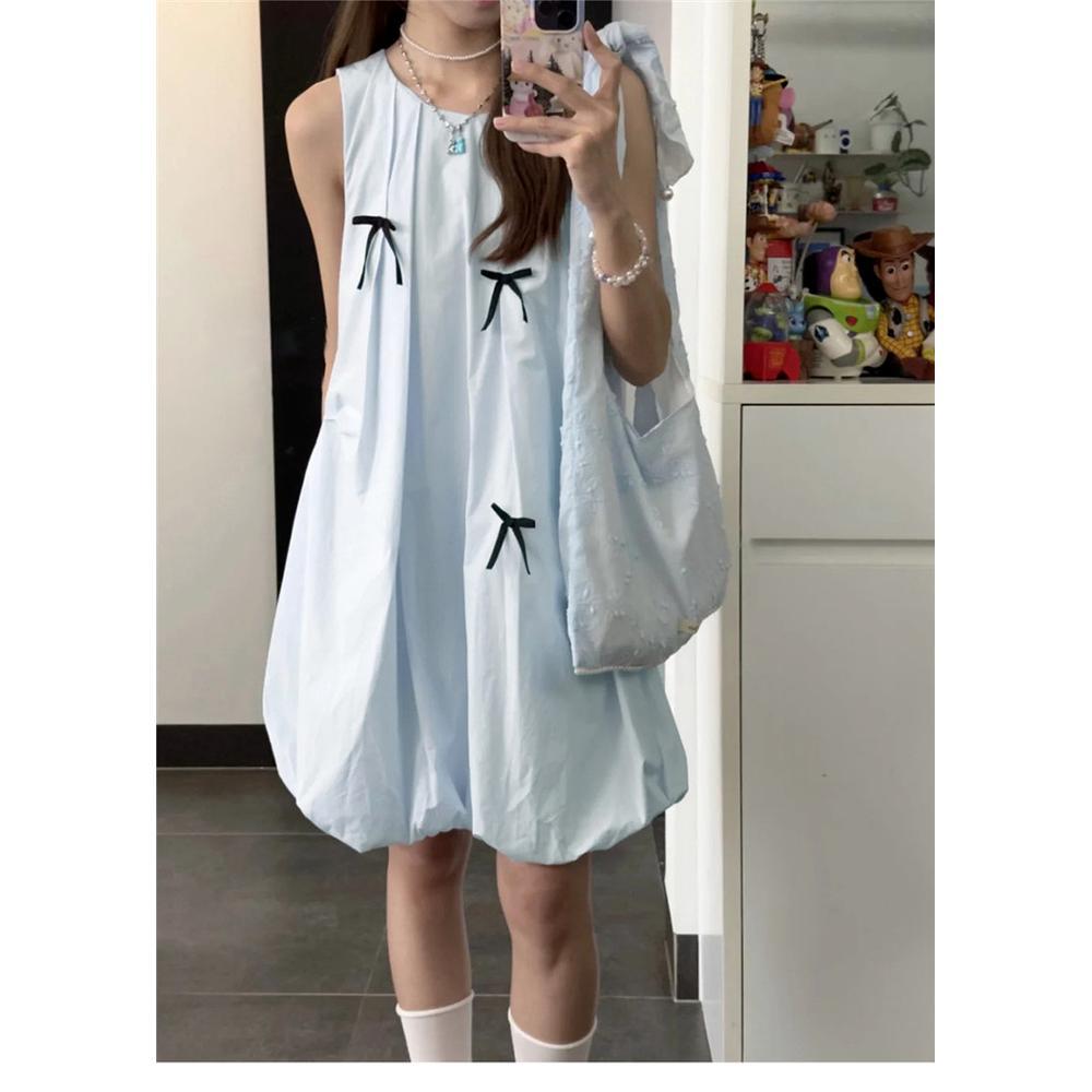Sweet wind blue sleeveless vest dress gentle temperament loose fluffy bud short skirt summer