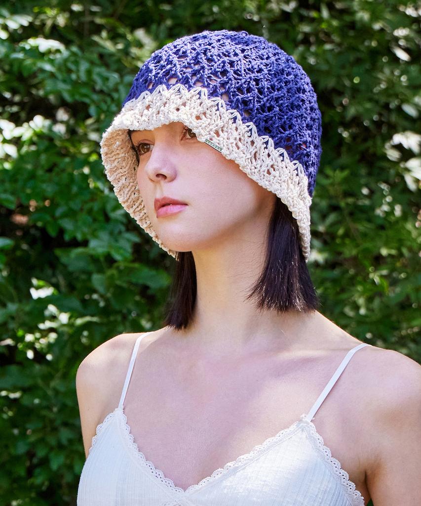 Bajal Metal Tip Crochet Two-Tone Bucket Hat Navy