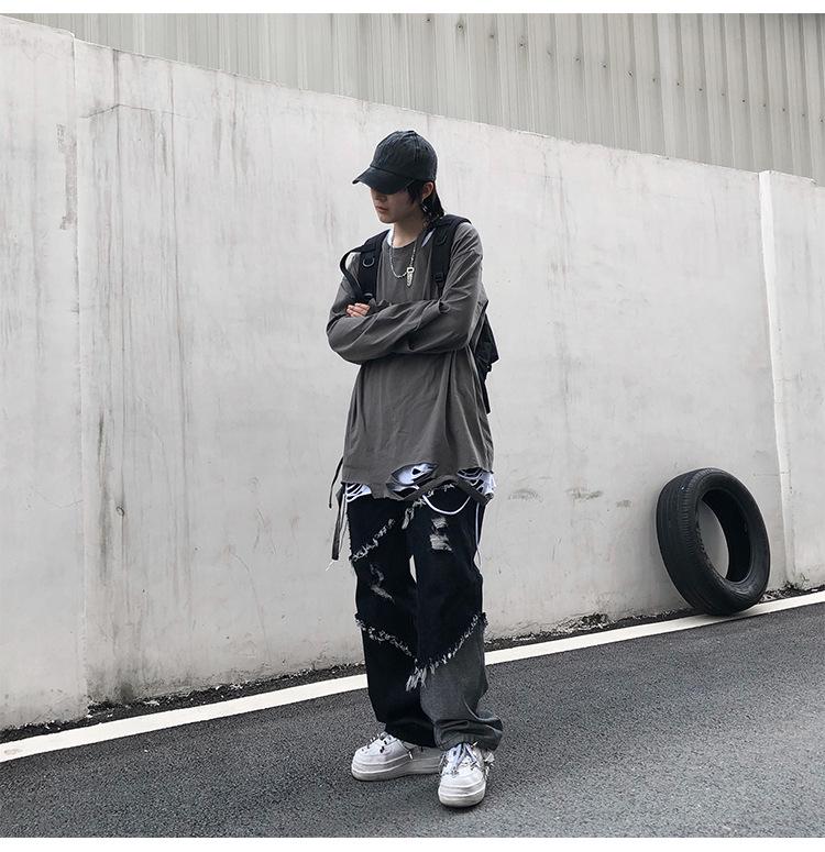 Jeansi cu ciucuri și tiv brut Hongxinjie pentru bărbați - Stil trendy Harajuku High Street