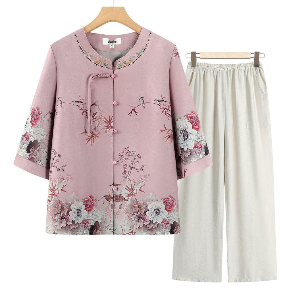 Stylish Summer Set for Women: Chinese-Inspired Short-Sleeve Top and Pants for Middle-Aged and Elderly Ladies