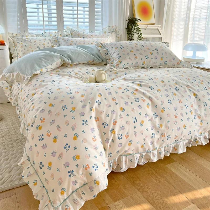 Princess Style Ruffles 100% Cotton Quilt Cover Set or Single Quilt Covers Floral Soft Duvet Cover Cotton Cute Comforter Covers