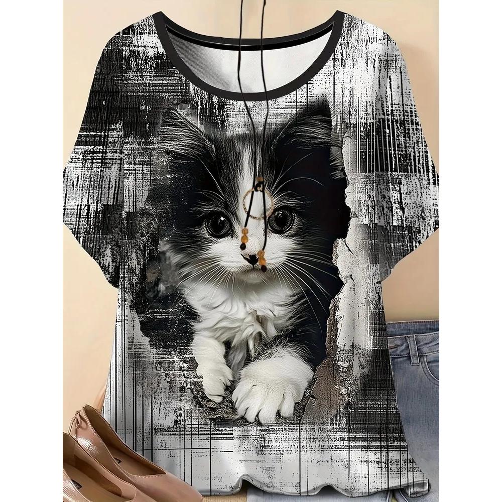 Summer Women's T-shirt Creative Fun Animal 3D Printed Short Sleeved T-shirt Fashionable Comfortable Soft Breathable Large Loose T-shirt