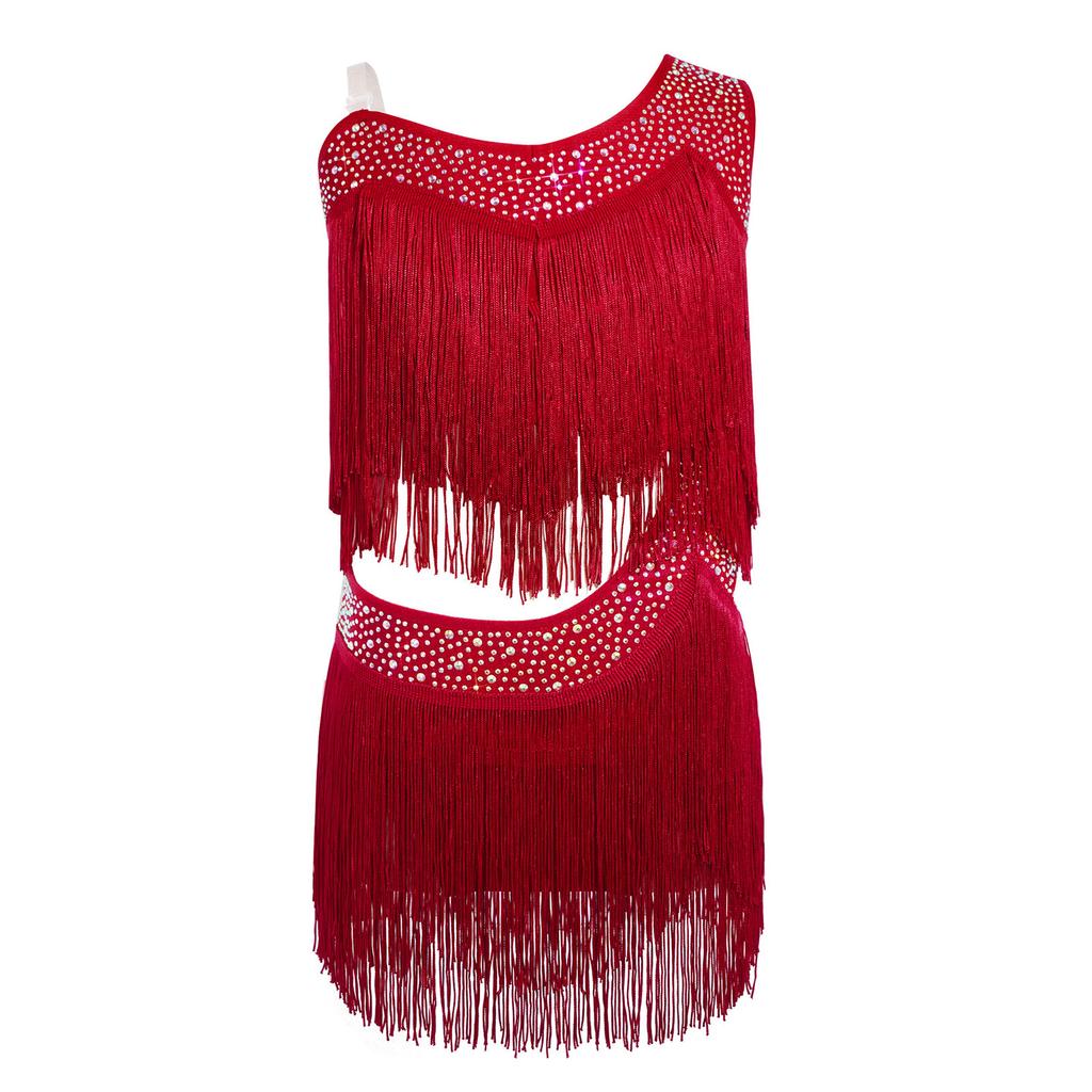 Vestido de Danza Latina para Niñas con Borlas, Flecos Asimétricos, Pedrería Brillante, Recorte, Disfraz para Actuación en Escenario