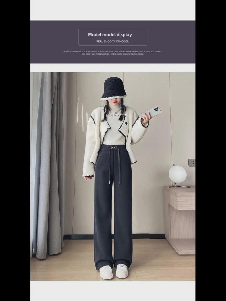 Plus Size Fleece/No-Fleece Extra Thick Lambskin Corduroy Wide-Leg Chenille Pants for Autumn/Winter