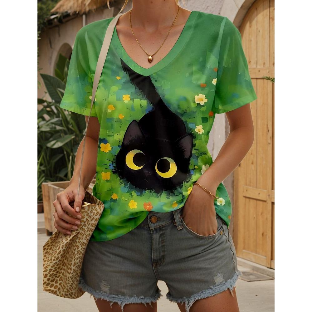 Women's T-Shirt Kawaii Animal Graphic Fashion Short Sleeved V-Neck Regular Tops Daily Print Tee Summer Spring Casual Tops
