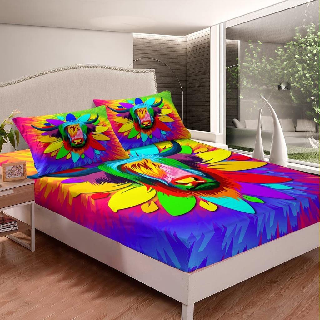 Highland Cow Fitted Sheet,Bull Cattle Bedding Set Yellow Sunflower Print Fitted Bed Sheets Western Farmhouse Theme Cow Bed Decor