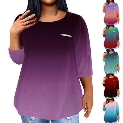 Women's Fashionable Casual Three Quarter Sleeve Printed Round Neck Pullover 4/3 Sleeve Top