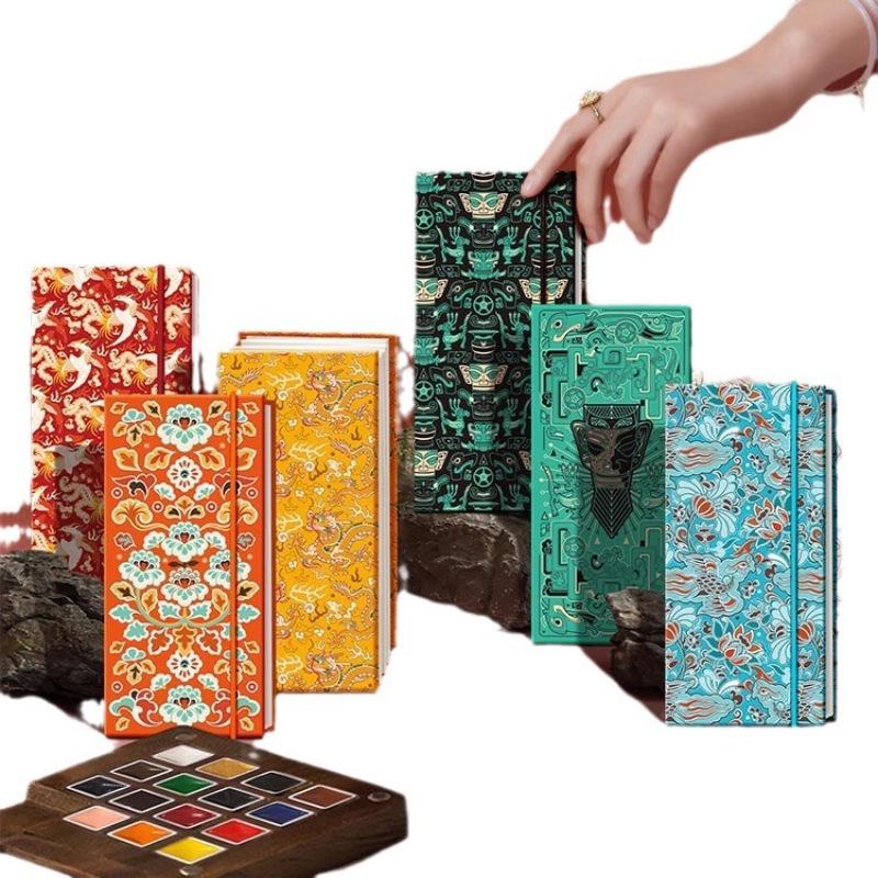Feile Bird National Style Watercolor Accordion Folded Painting Book - Dunhuang Palace Design, 300g, Includes Line Drawing and Stacking Features.