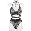 Sexy Women Cross Lace  Wireless Bra Sexy Black Lingerie Thong Set Underwear