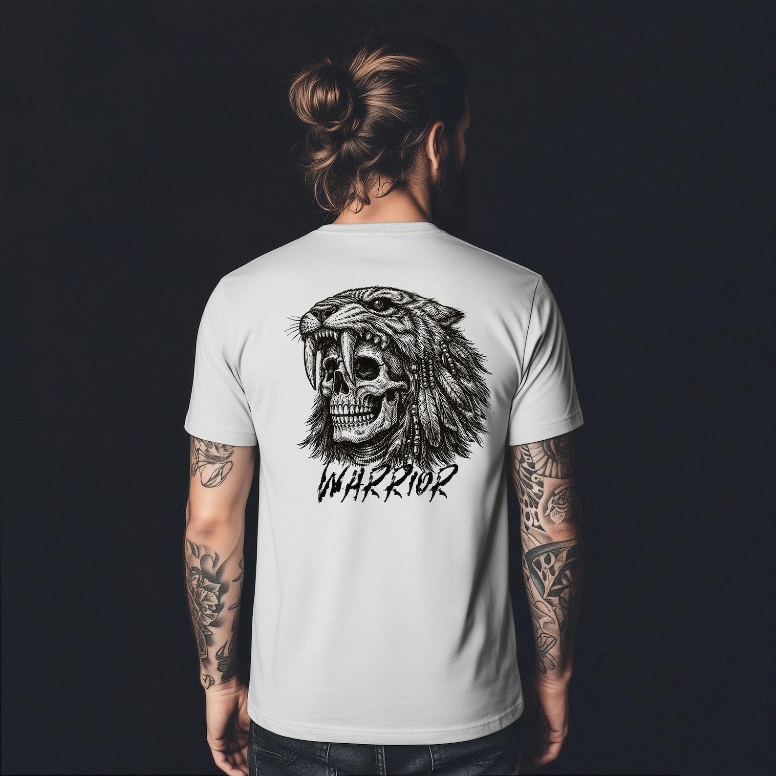 Ancient Warrior Skull with Sabertooth Head Dress T-Shirt | Shamanic Dark Fighter M