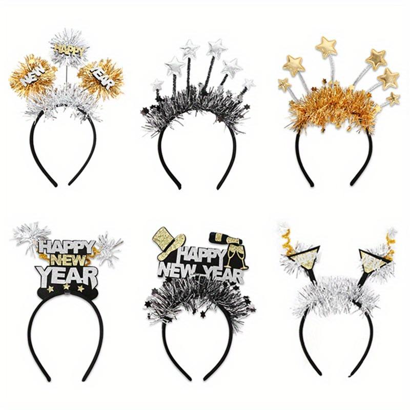 

6Pcs Happy New Year 2025 Gold Black Party Theme Headband Letter Hair Accessories Star Wine Glass Party Supplies Headwear