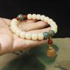 Jade Creamy Yellow Bodhi Root Barrel Bead Bracelet with Lotus Pod Pendant Unisex Chinese Style Wooden Hand Decoration Jewelry