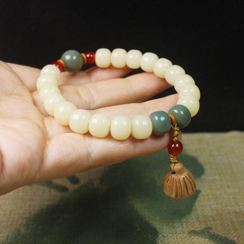 Jade Creamy Yellow Bodhi Root Barrel Bead Bracelet with Lotus Pod Pendant Unisex Chinese Style Wooden Hand Decoration Jewelry