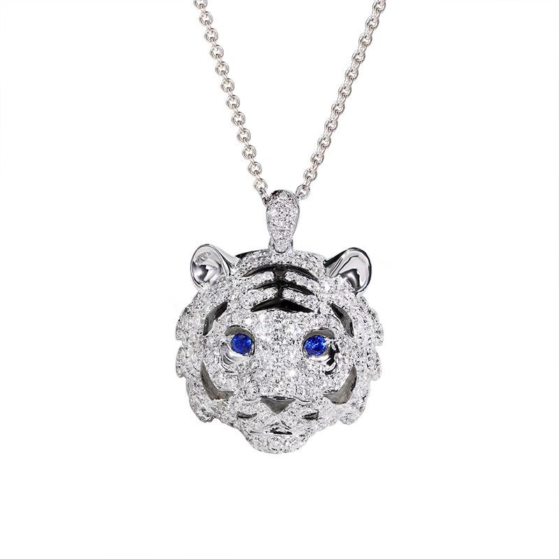 Schwerindustrie-Design Mikro-Eingesetzt mit Diamanten Dominanter Tigerring Damen, Saphir Tiger Leopard Halskette Tierkreis Tiger Ohrstecker Set