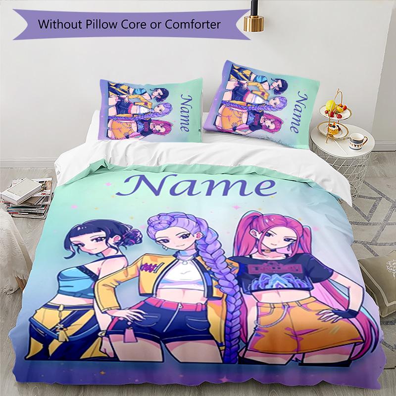 3pcs KPop Demon Hunters12 Cover Set - Personalized Name, HD Printed Bedding with 1 Cover and 2 Pillowcases - Perfect for Home Decor, Easy Care