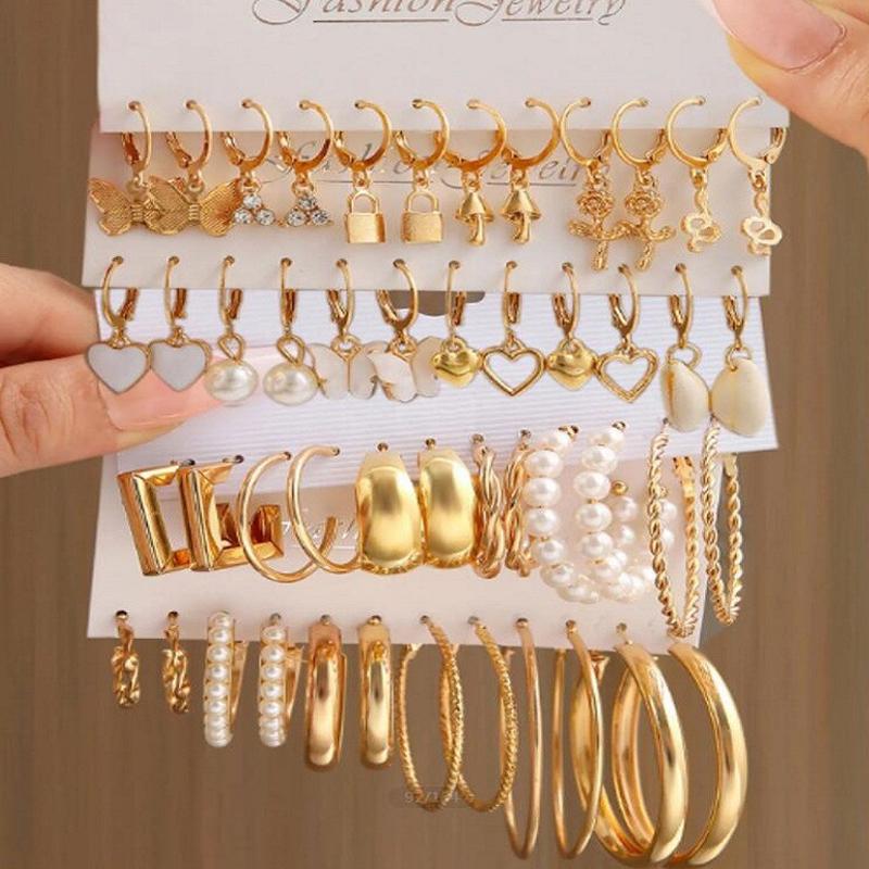48 Pcs Fashion Pearl Decor Twist Design Earrings Set For Women Vintage Geometric Heart Butterfly Drop Earring Daily Life Jewelry