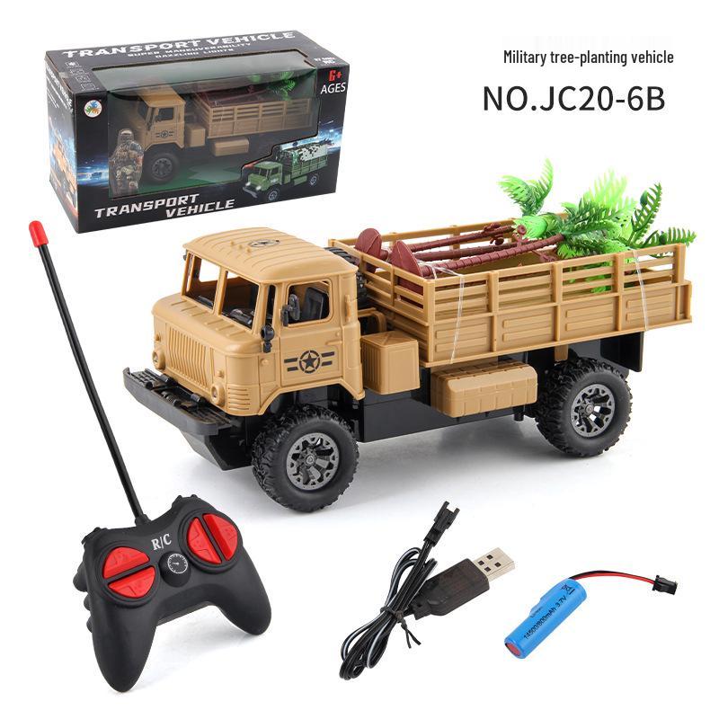 Four-Wheel Drive RC Military Transport Vehicle with USB Charging, LED Lights, and Climbing Rubber Tires