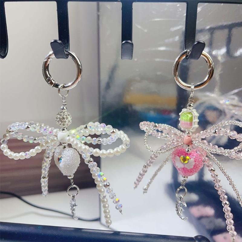Delicate Bowknot Pendant Keychain Crystal Bead Phone Charm Heart Bows Phone Lanyard Keyring Decoration for Bag Backpack