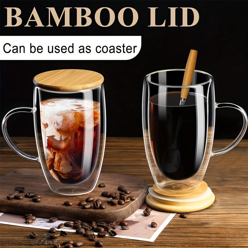 2pcs 12oz/15oz 350ml/450ml Double Wall Glass Coffee Mugs With Bamboo Lids And Spoons Glass Coffee Cups With Handle Insulated Clear Coffee Mug Perfect