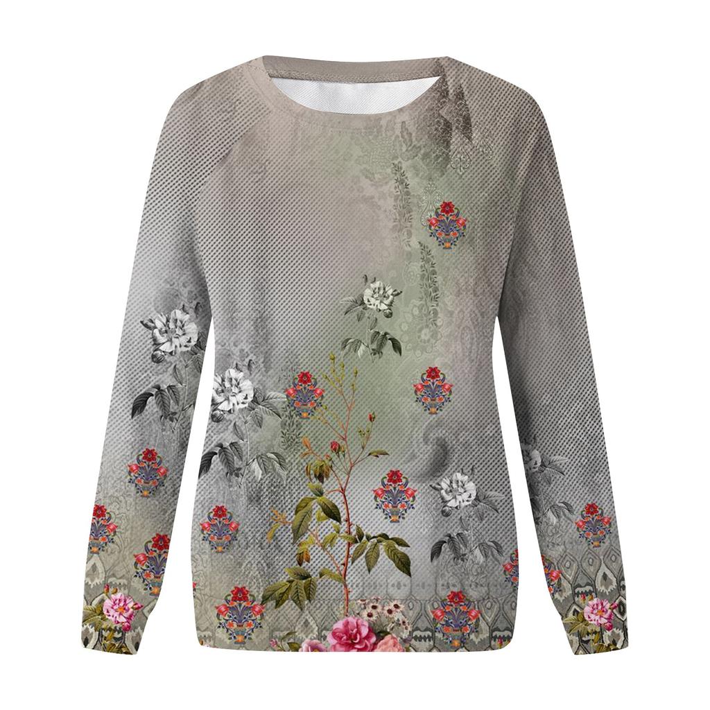 Damen Casual Fashion Blumendruck Langarm O-Ausschnitt Pullover Top Bluse